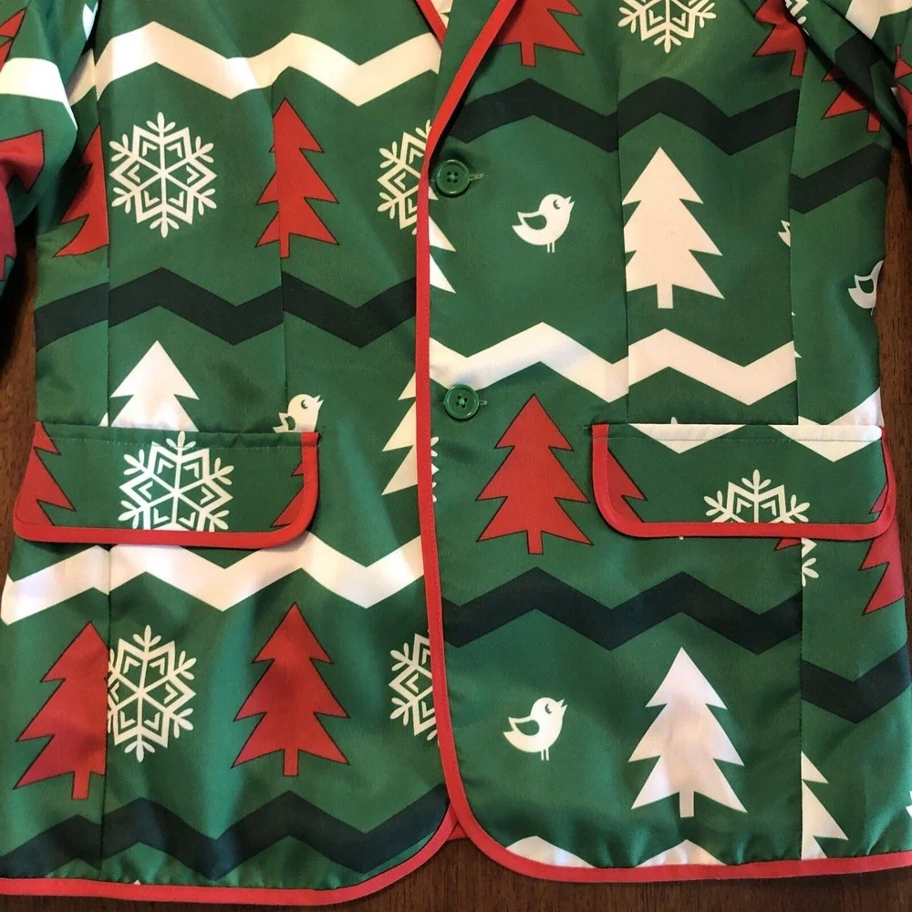 Ugly Christmas Blazer Suit‎ Jacket Trees Snowflakes Green Red White Mens Small